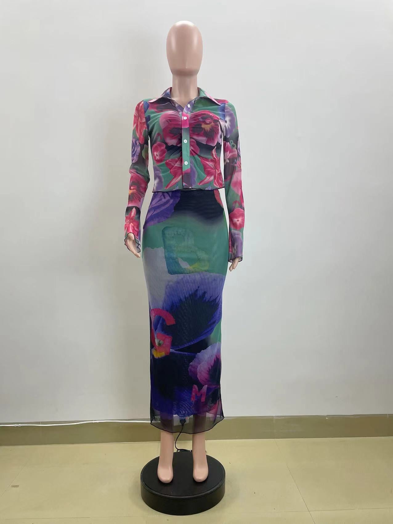 Women Sexy Double Layer Mesh Printed Two-Piece Set 3