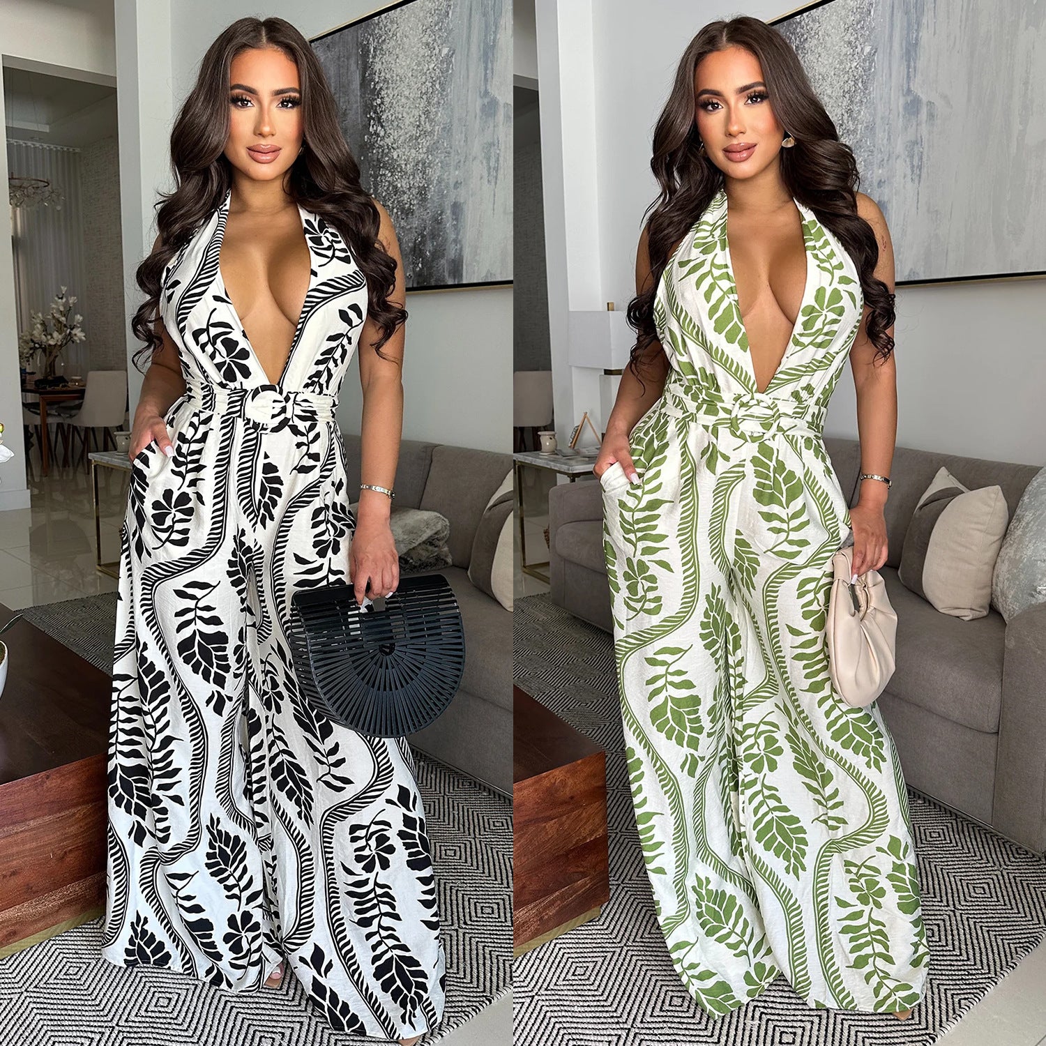 Women Casual Sexy V-Neck Backless Print Jumpsuit 6