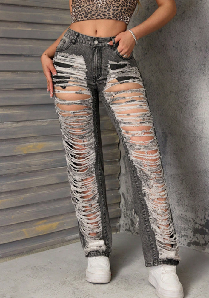 High-Waist Straight Loose Women's Ripped Denim Pants