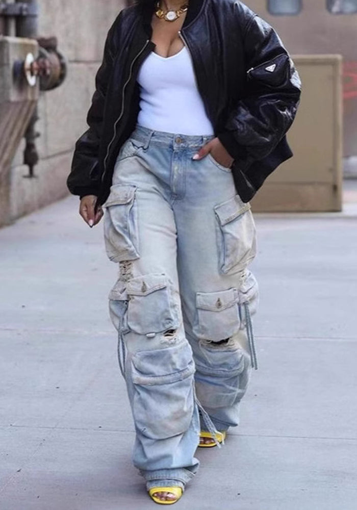 Trend Women's Casual Fashion Multi-Pocket Ripped Cargo Denim Pants