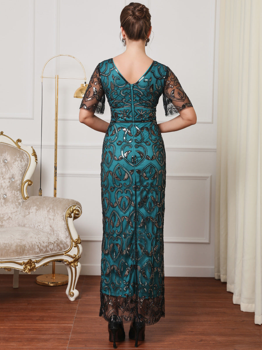 Women Elegant V Neck Sequin Formal Party Mesh Dress 12