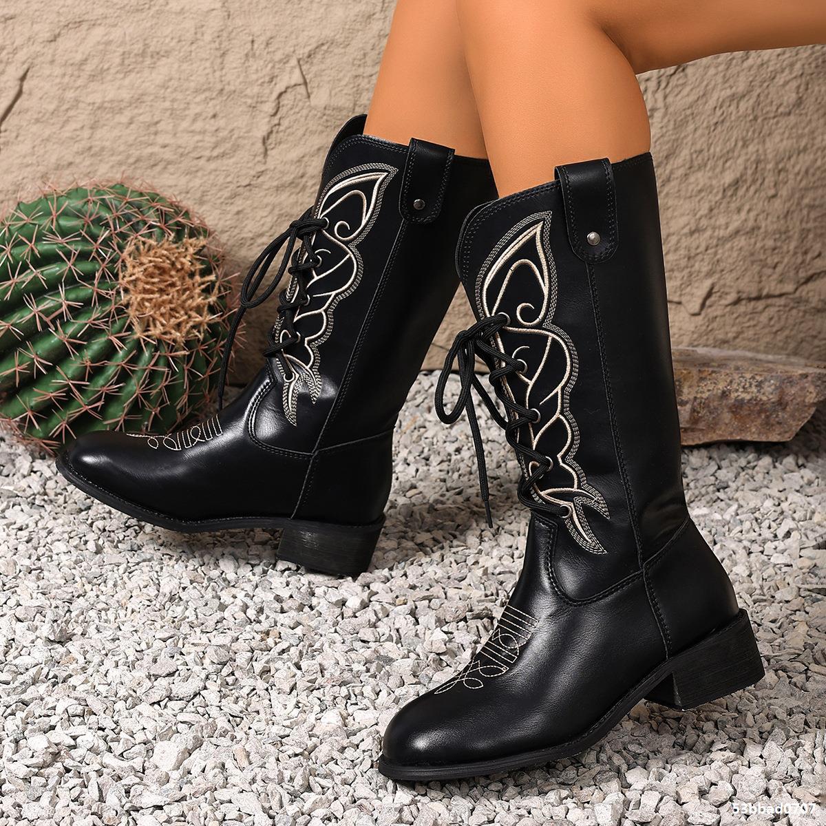 Women Embroidered Mid-Calf Western Denim Boots with British Style 9