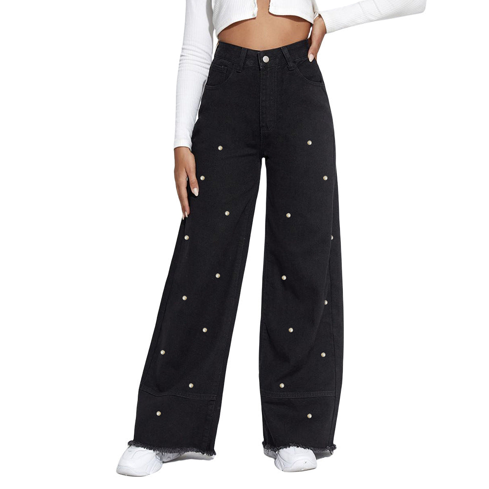 Women Pearl Wide Leg Denim Pants 7