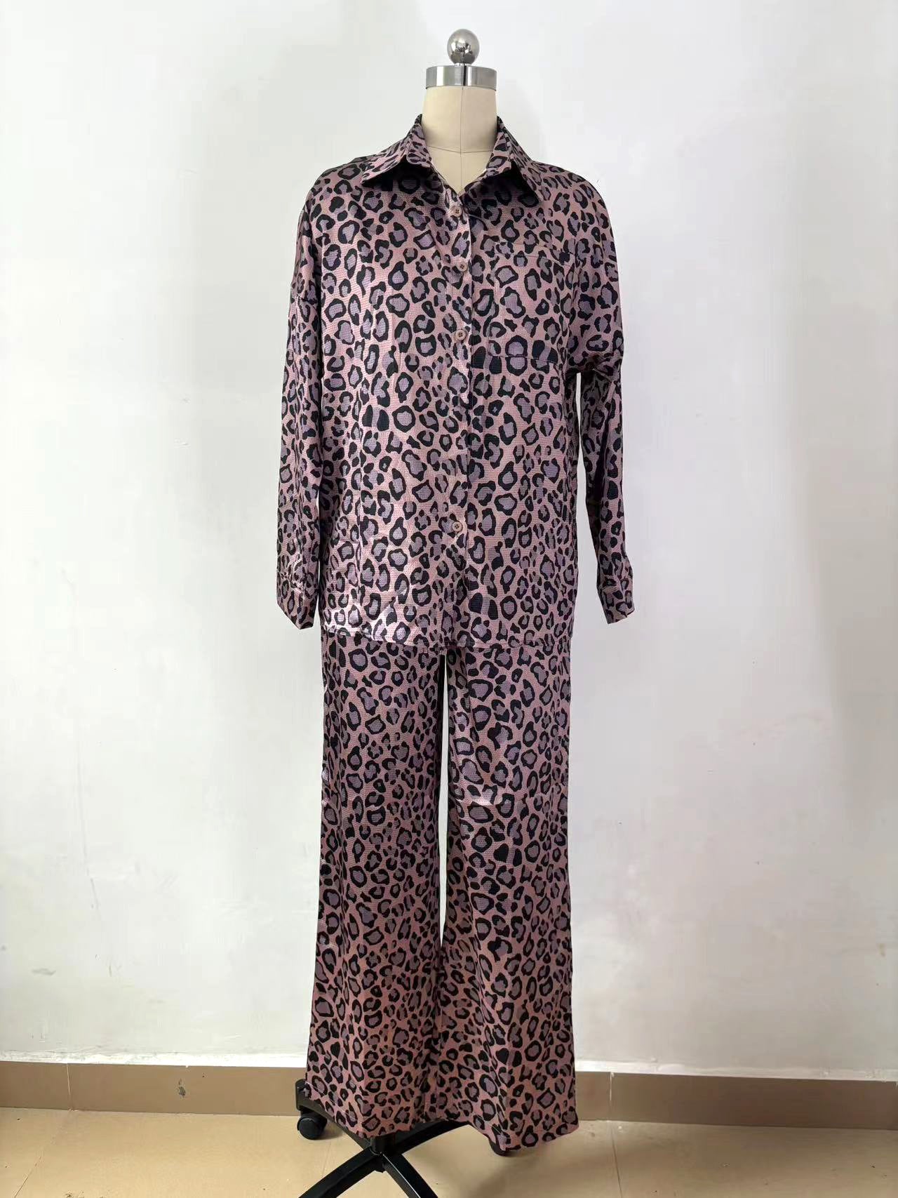 Spring Fashion Casual Women's Leopard Print Long Sleeve Shirt Pants Two Piece Set 18