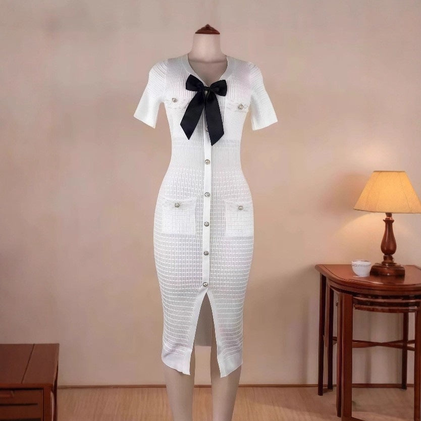 Women French V Neck Bow Short Sleeve Beaded Button Knitting Slit Dress 12