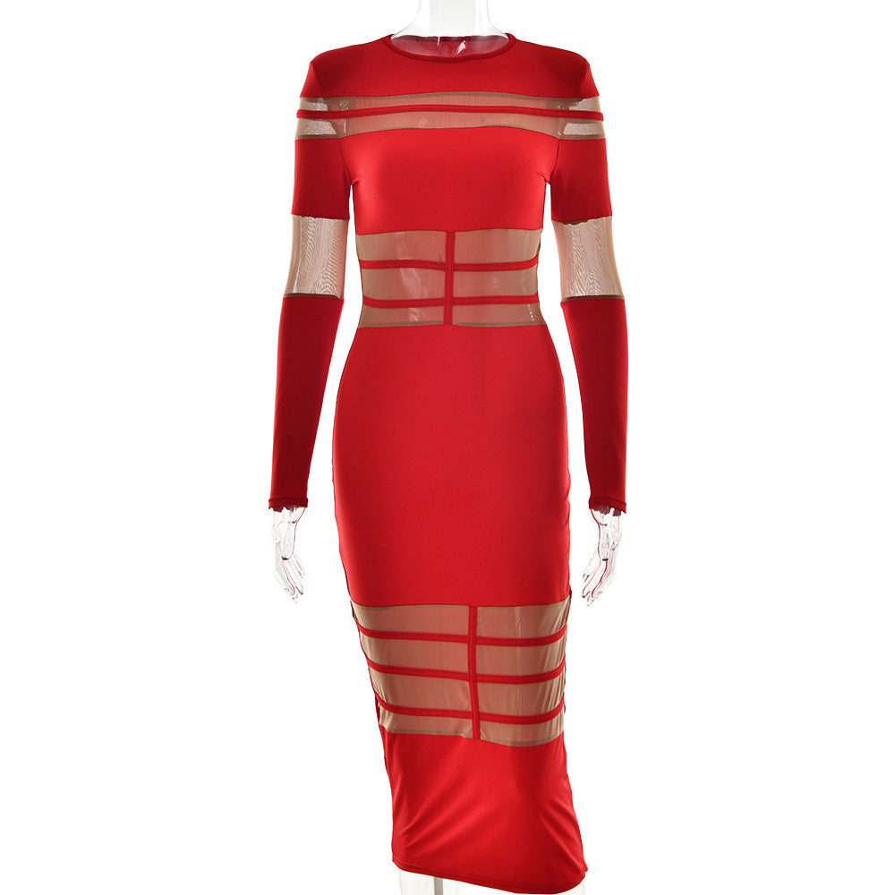 Autumn Winter Fashion Mesh Patchwork See-Through Sexy Chic Slim Long Sleeve Bodycon Long Dress 7