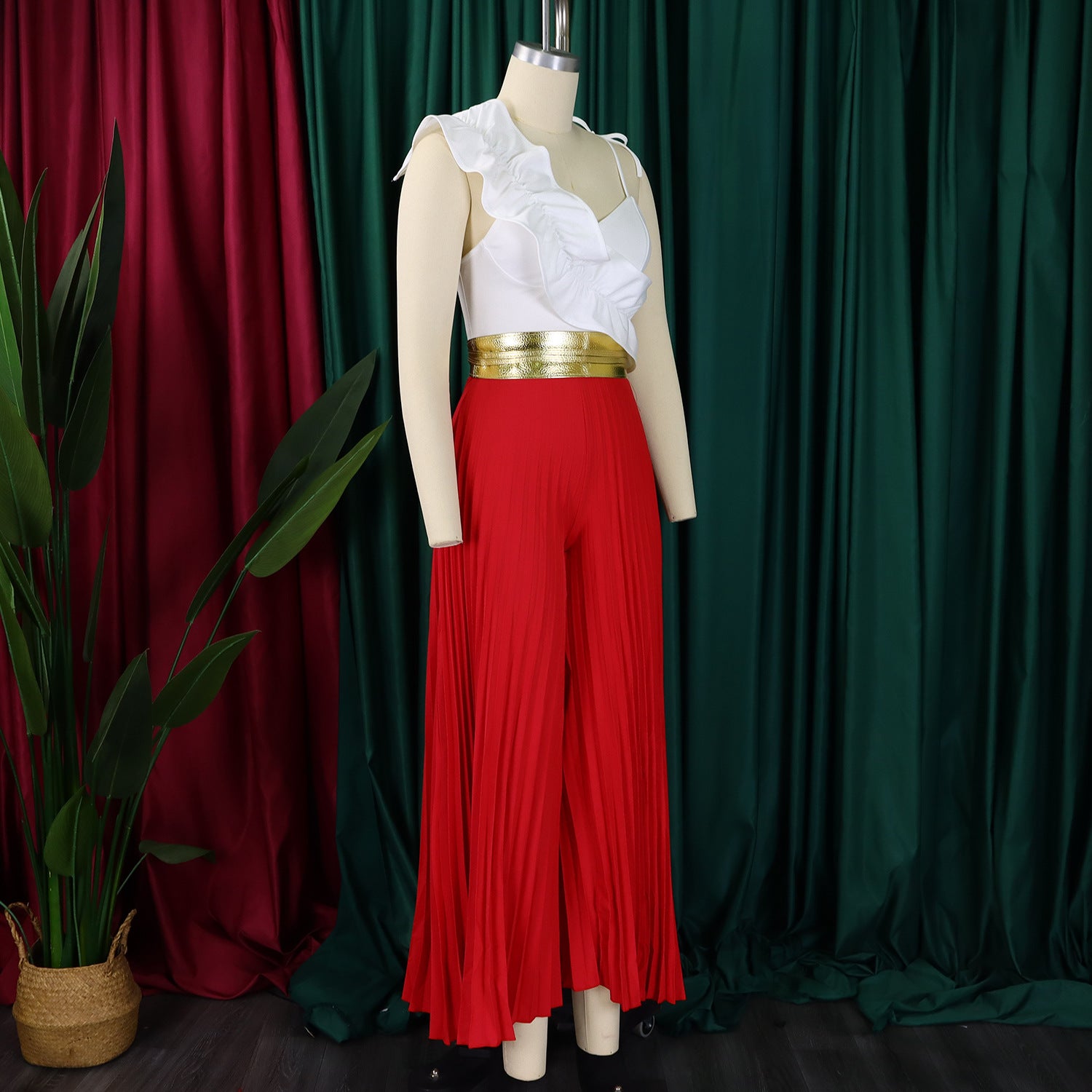 Women's Sexy Ruffle Sleeveless Top Wide Leg Pants Fashion Suit 18