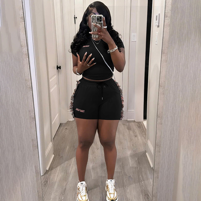 Women spring Summer sexy embroidered Top Solid and shorts two-piece set 6