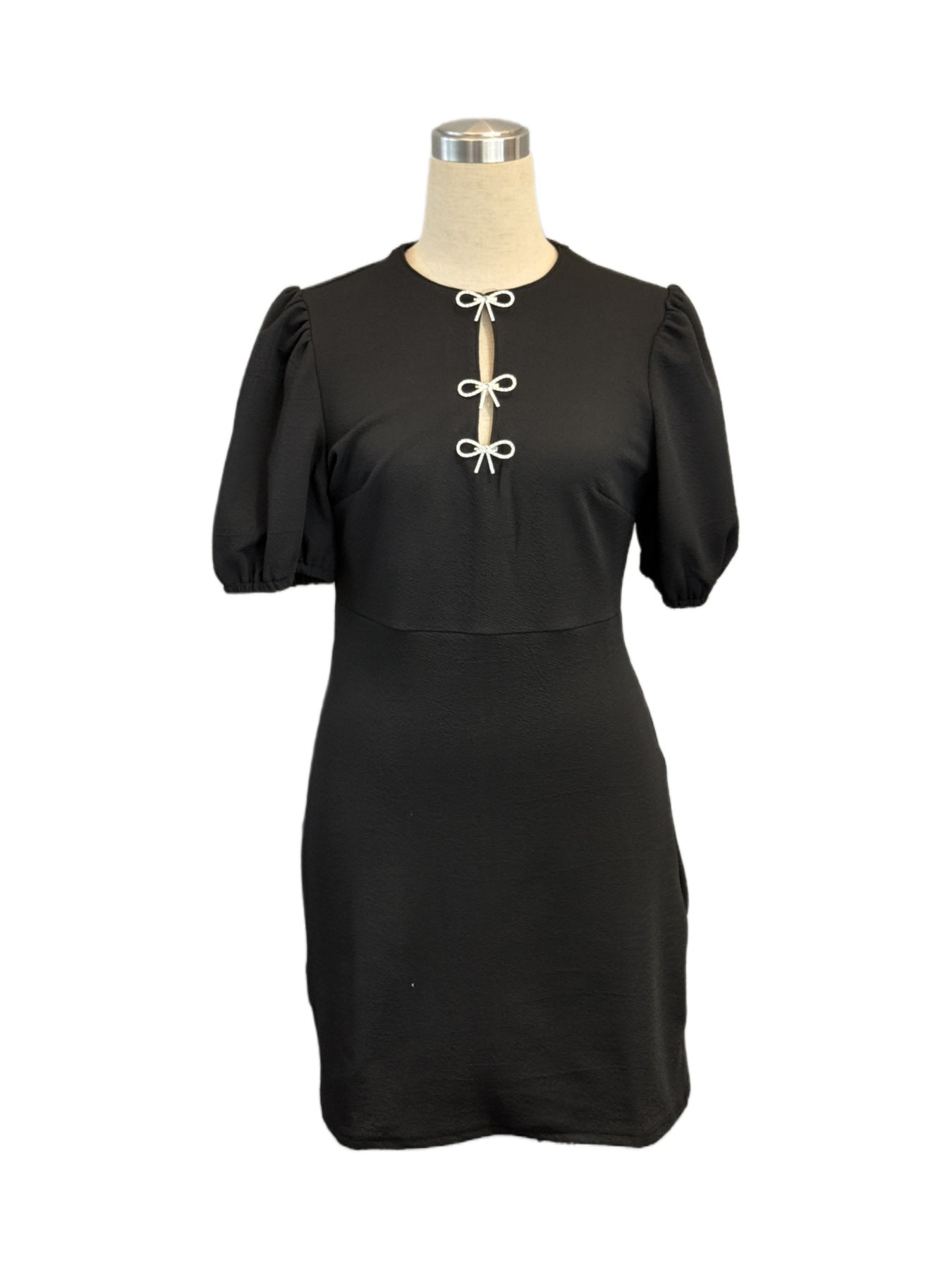 Women's Round-Neck Hollow Crystal Bowknot Puff-Sleeve Slim-Waist Dress 8