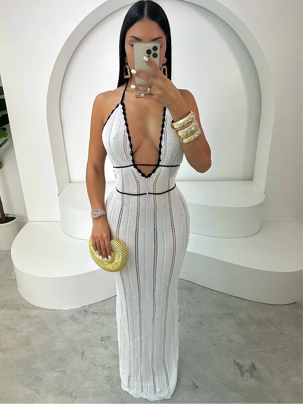 Summer Women's Fashion Sexy V-Neck Halter Neck Low-Back Knitted Dress 6