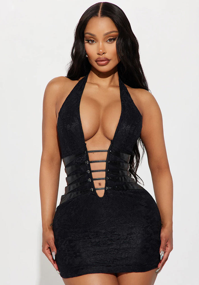 Women Sexy V Neck Hollow Backless Halter Neck Bodycon Dress