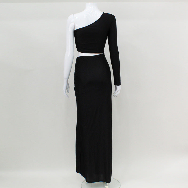 Women's Strapless One Shoulder Long Sleeve Hollow High Waist Slit Solid Color Sexy Bodycon Dress 8