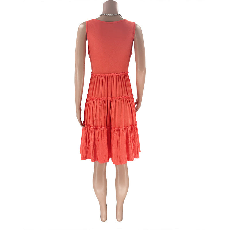 Summer Solid Round Neck Sleeveless Casual Women's Fashion Pleated Casual Dress 21