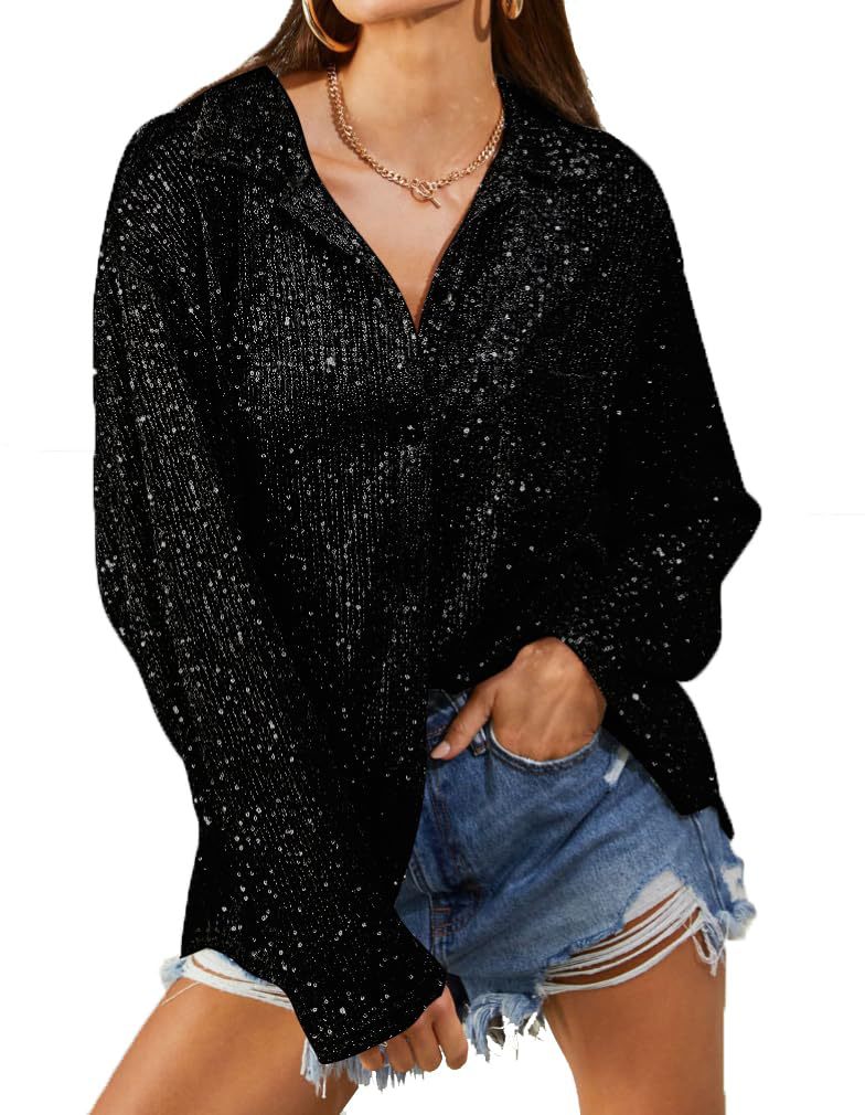 Women Sequin Long Sleeve Turndown Collar Casual Shirt 12