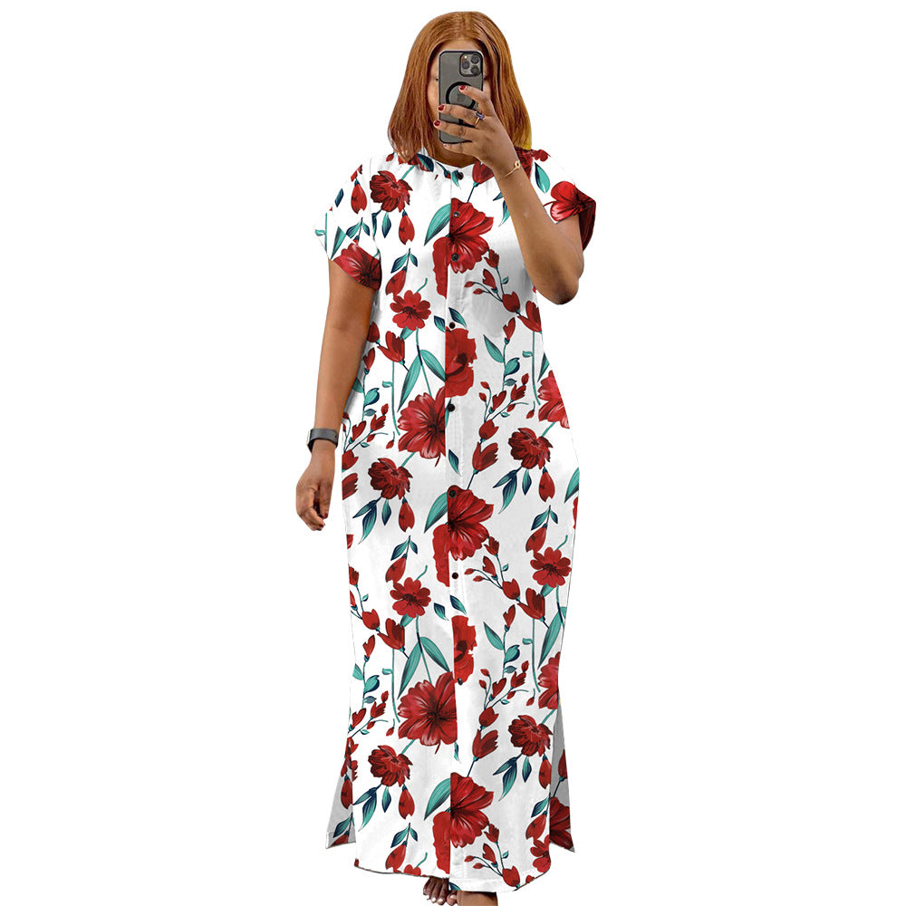 Summer Fashion Printed Short Sleeve Slit Shirt Maxi Dress Plus Size Dress 9