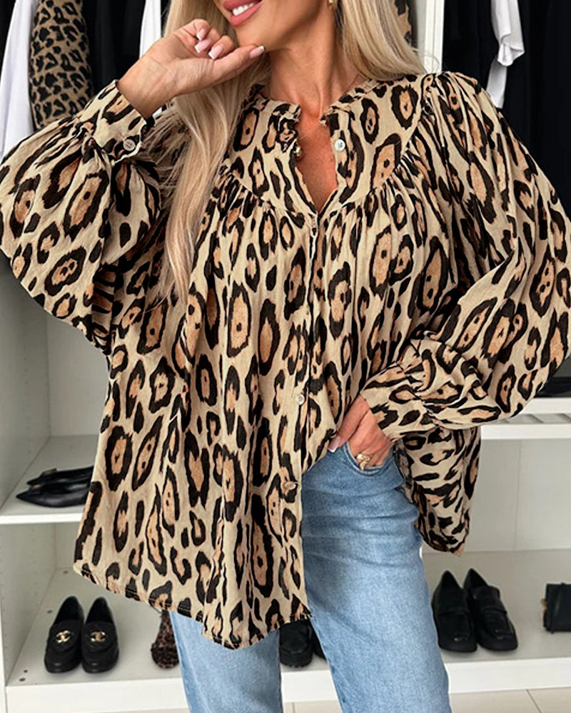 Women sexy solid leopard print casual v-neck shirt 3