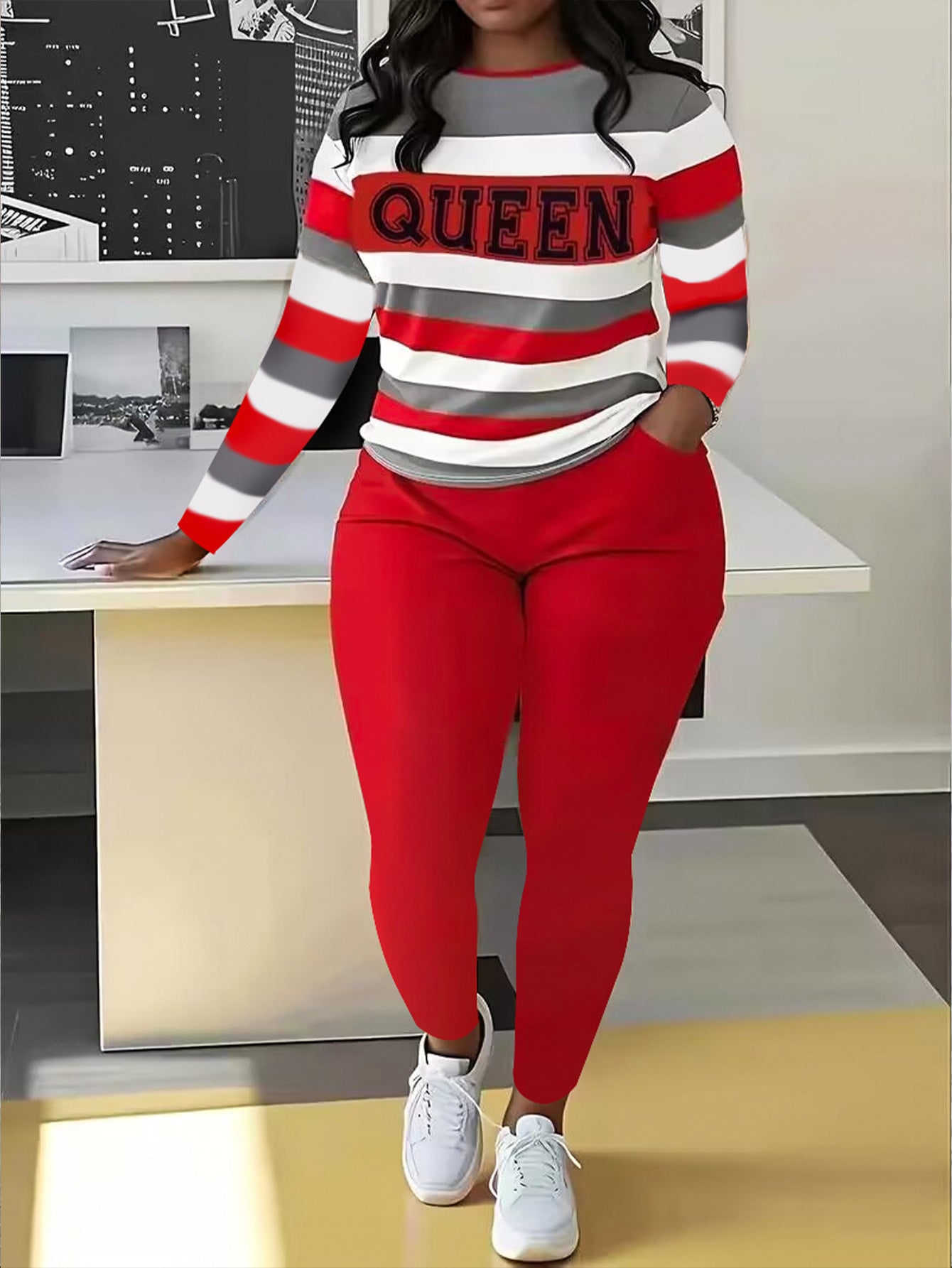 Autumn winter women's stripes Letter print Round Neck long sleeve T-shirt slim pants Casual two piece set 3