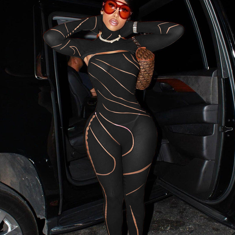 Spring Women's Sexy Hollow See Through Hooded High Waist Tight Fitting Knitting Jumpsuit 5