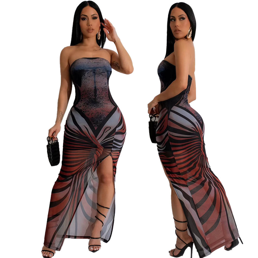 Women mesh printed slit sexy Maxi Dress