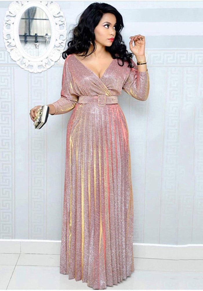 African Women Long Sleeve Shiny Pleated Skirt with Belt