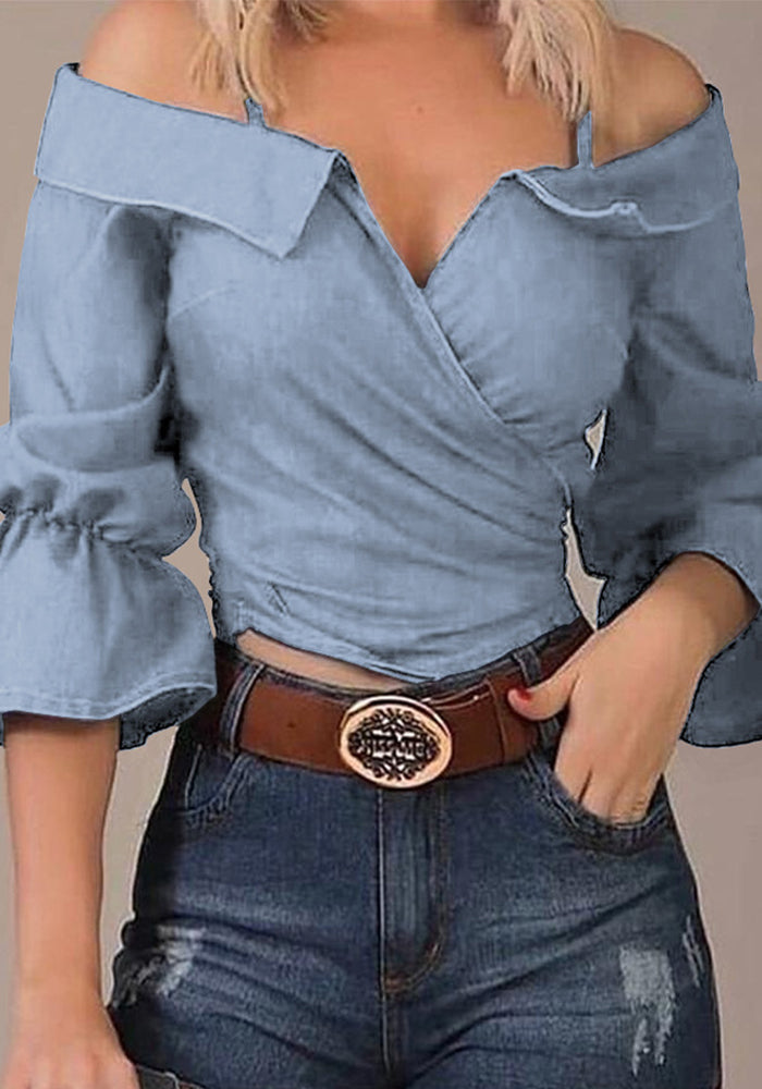 Women Clothes Women V Neck Off Shoulder Bell Bottom Sleeve Top 3