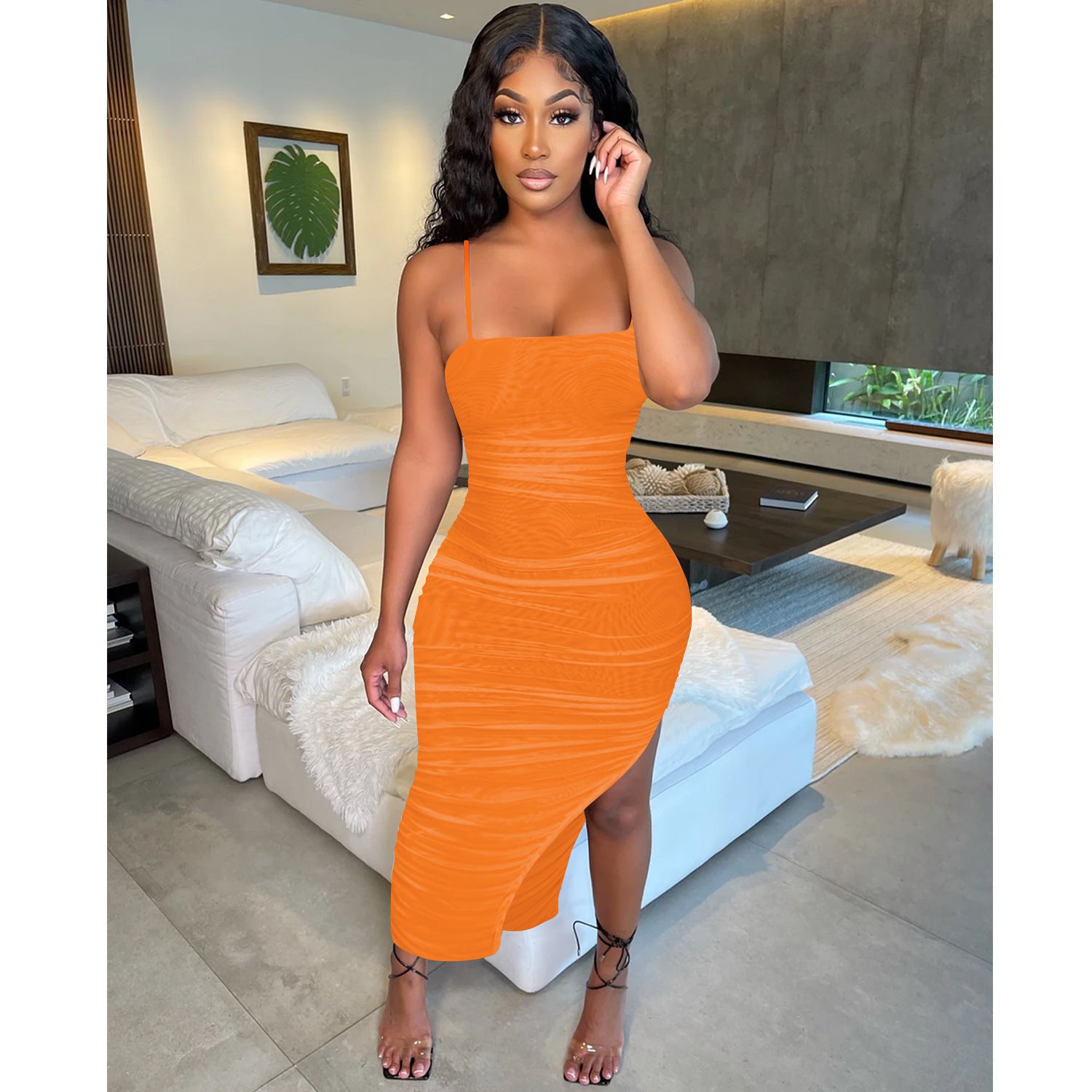 Women sexy suspender mesh See-Through pleated slit dress 3