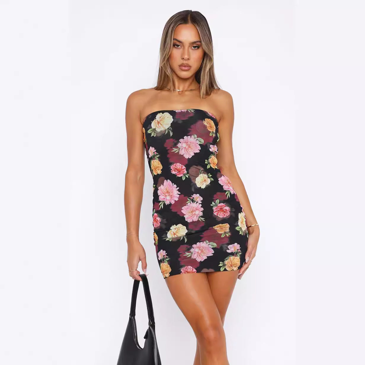 Women's Summer Sexy Floral Printed Strapless Slim Nightclub Bodycon Dress 6