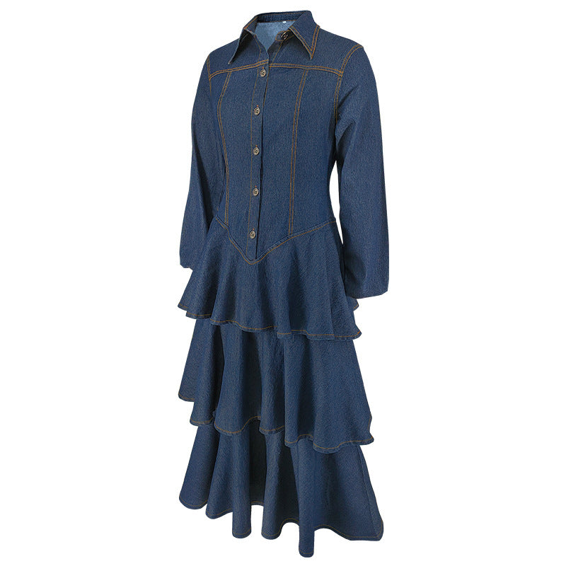 Women's Clothing Turndown Collar Long Sleeve Cascading Ruffles  Denim Long Dress 6
