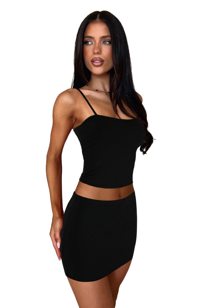 Women Summer Solid Print Suspender Top and Skirt Two Piece Set 12