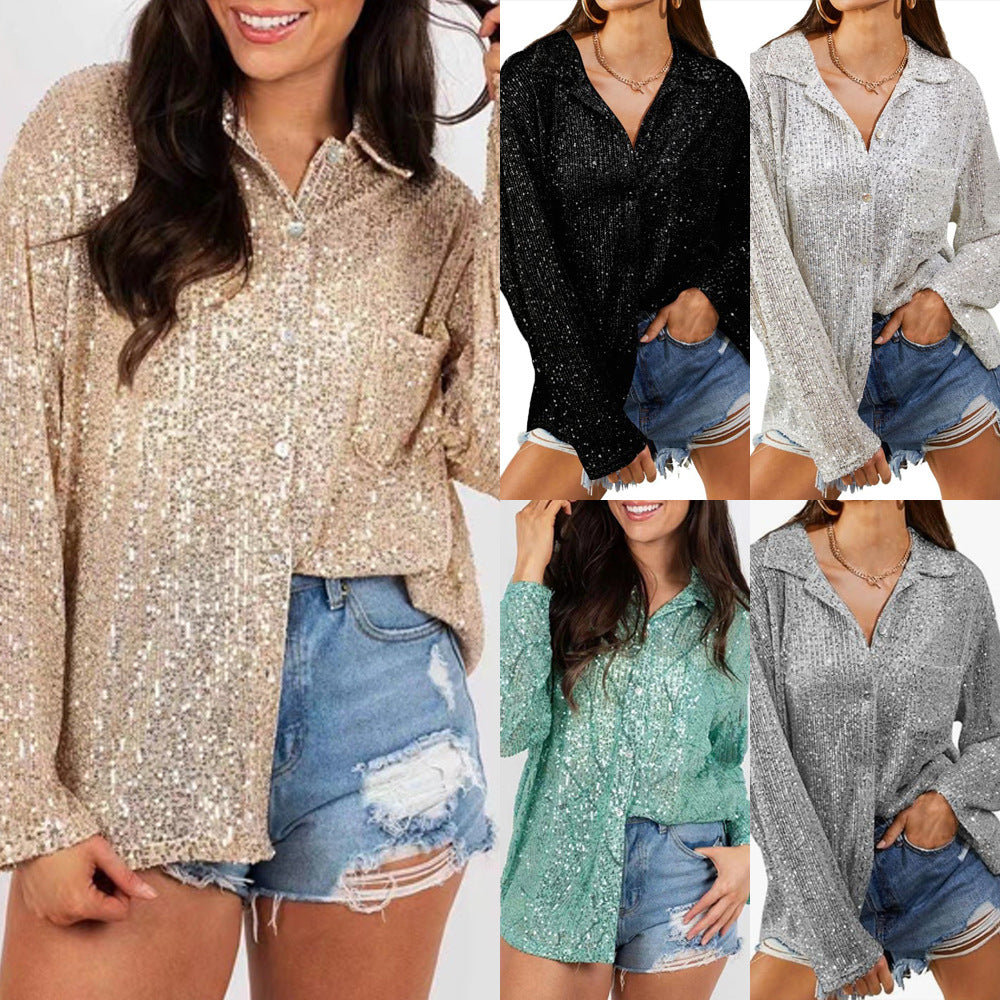 Women Sequin Long Sleeve Turndown Collar Casual Shirt