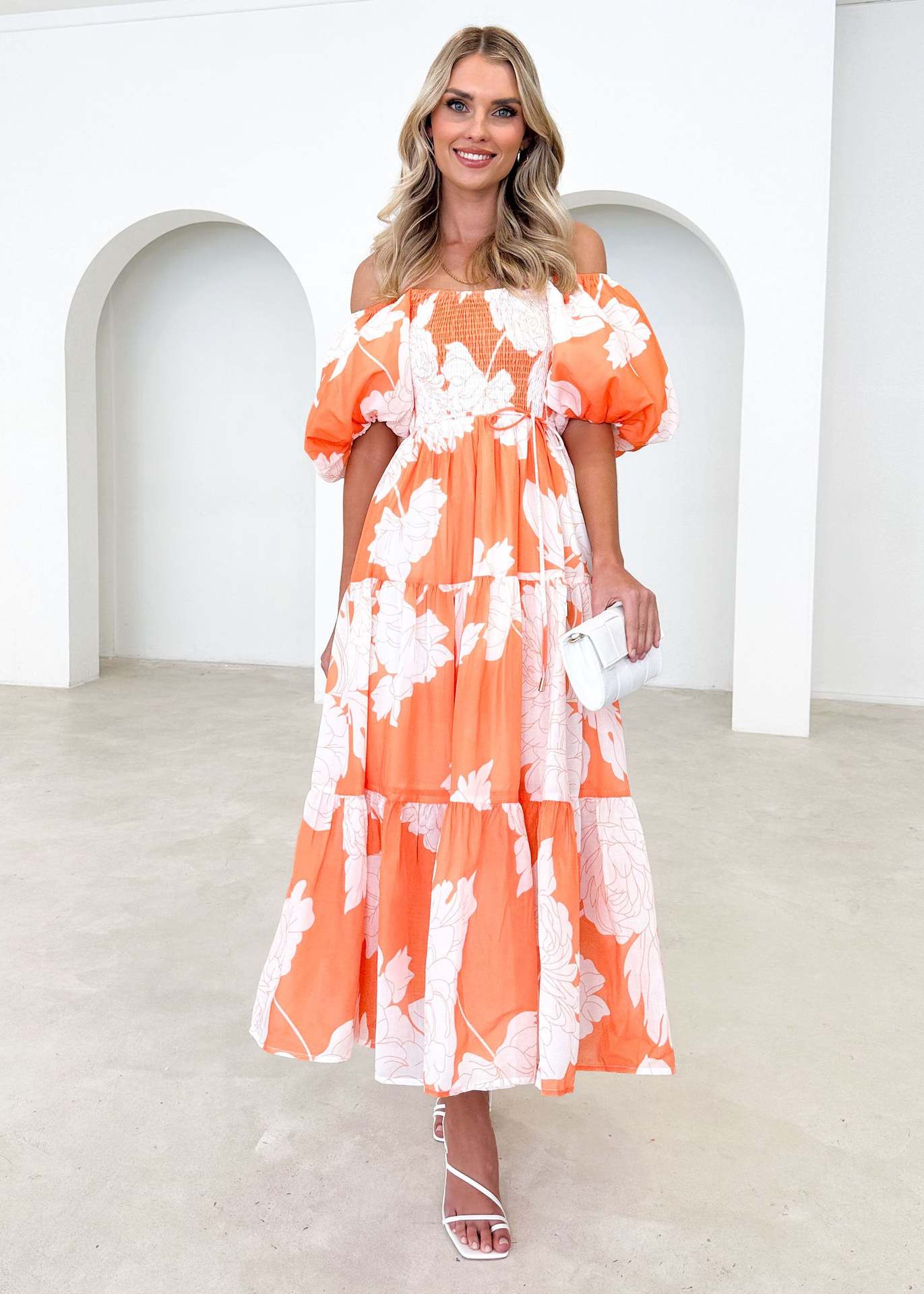Women Elegant Print Off Shoulder Puff Sleeve Dress 3