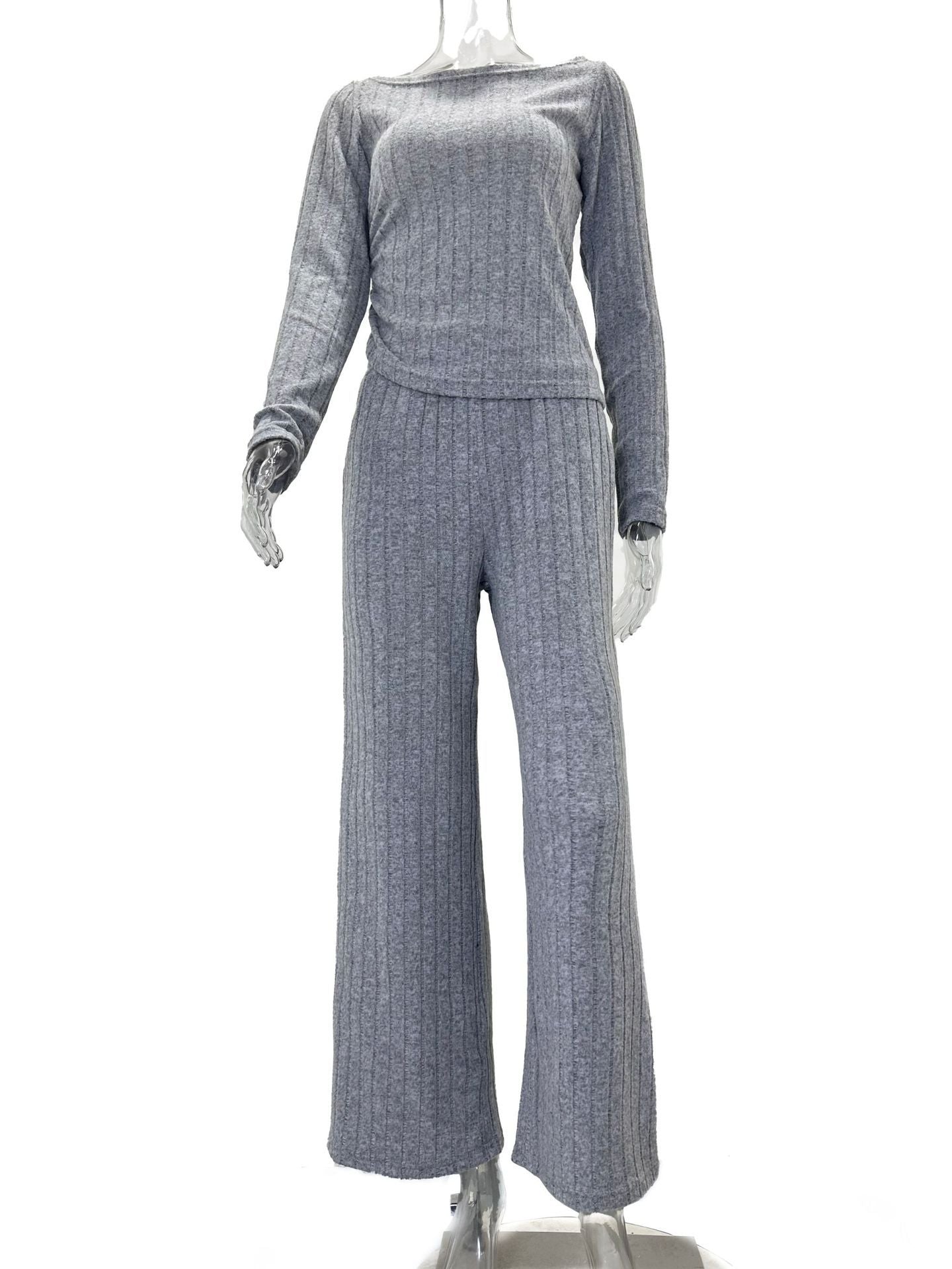 Autumn And Winter Casual Solid Color High Collar Knitting Long Sleeve Top Loose Trousers Two-Piece Set 6