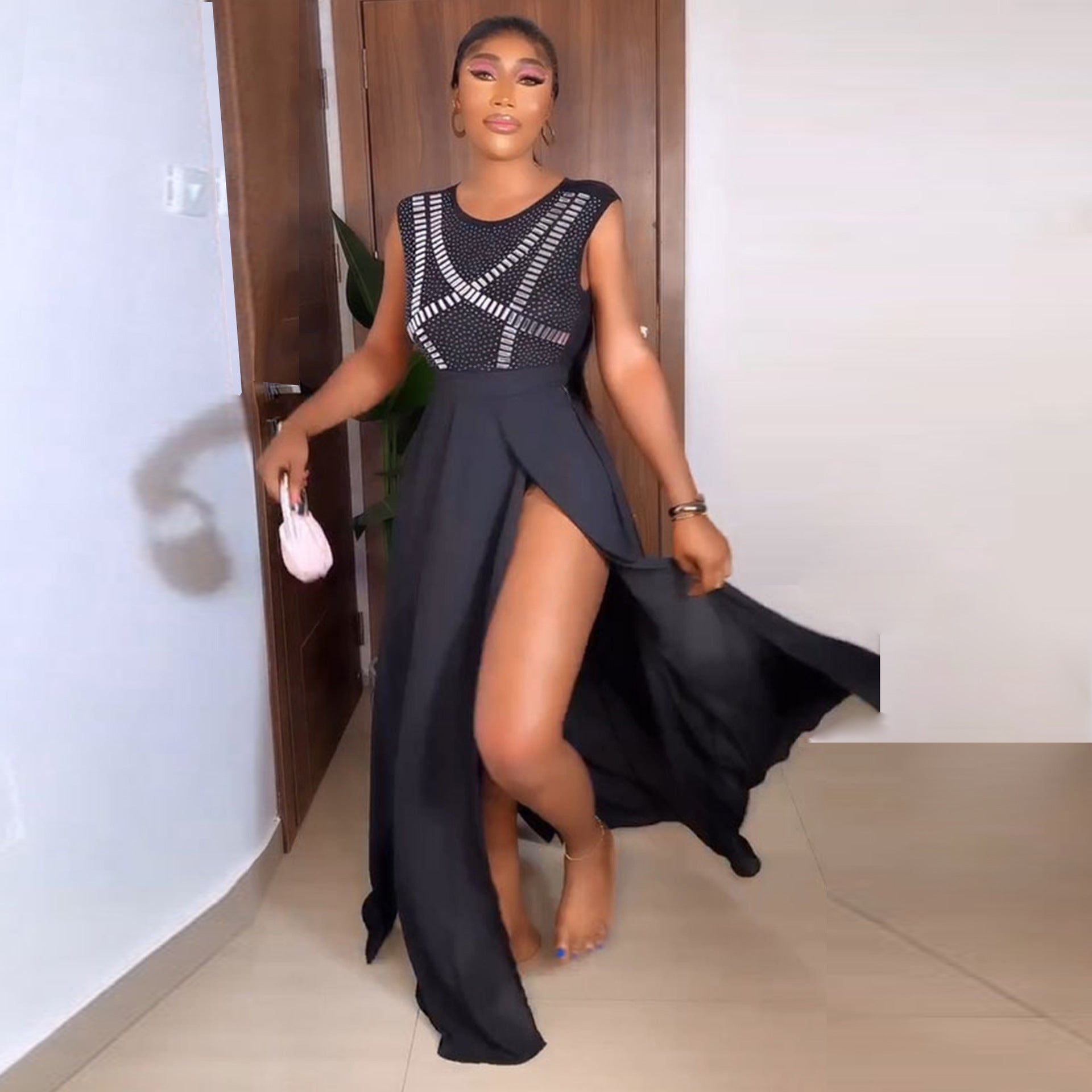 Sexy Beaded See-Through Low Back Mesh Bodysuit Slit Skirt Two-Piece Set 5