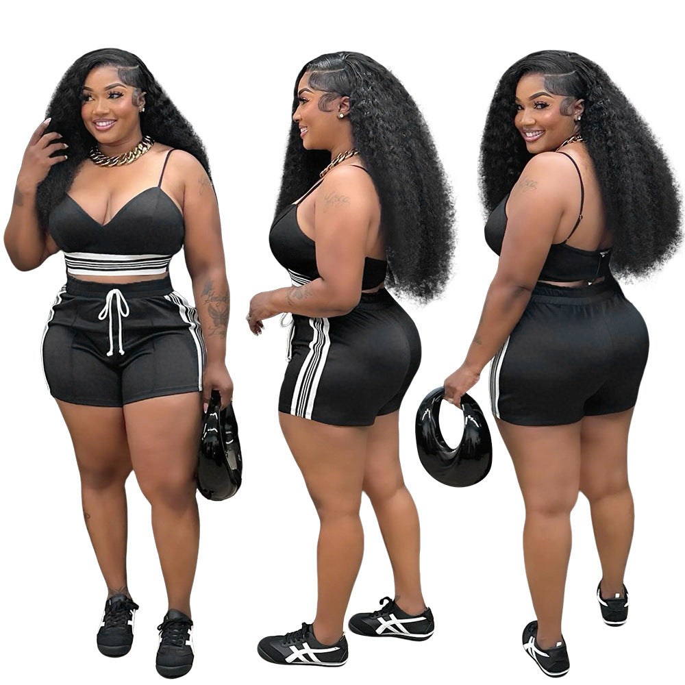 Women Sports Casual Sexy Suspender Top and Shorts Two-Piece Set