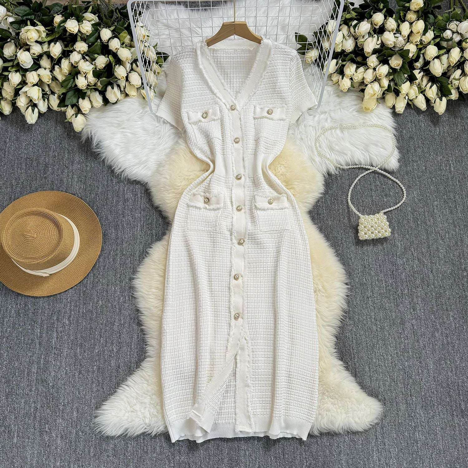 Summer Women's Buttoned Short-Sleeved V-Neck Slim Waist Slim Knitting Dress 6