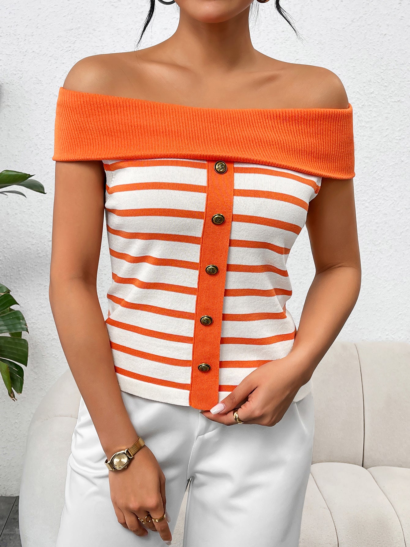 Spring/Summer Women's Fashion Long-Sleeve Striped Off-Shoulder Knit Top 5