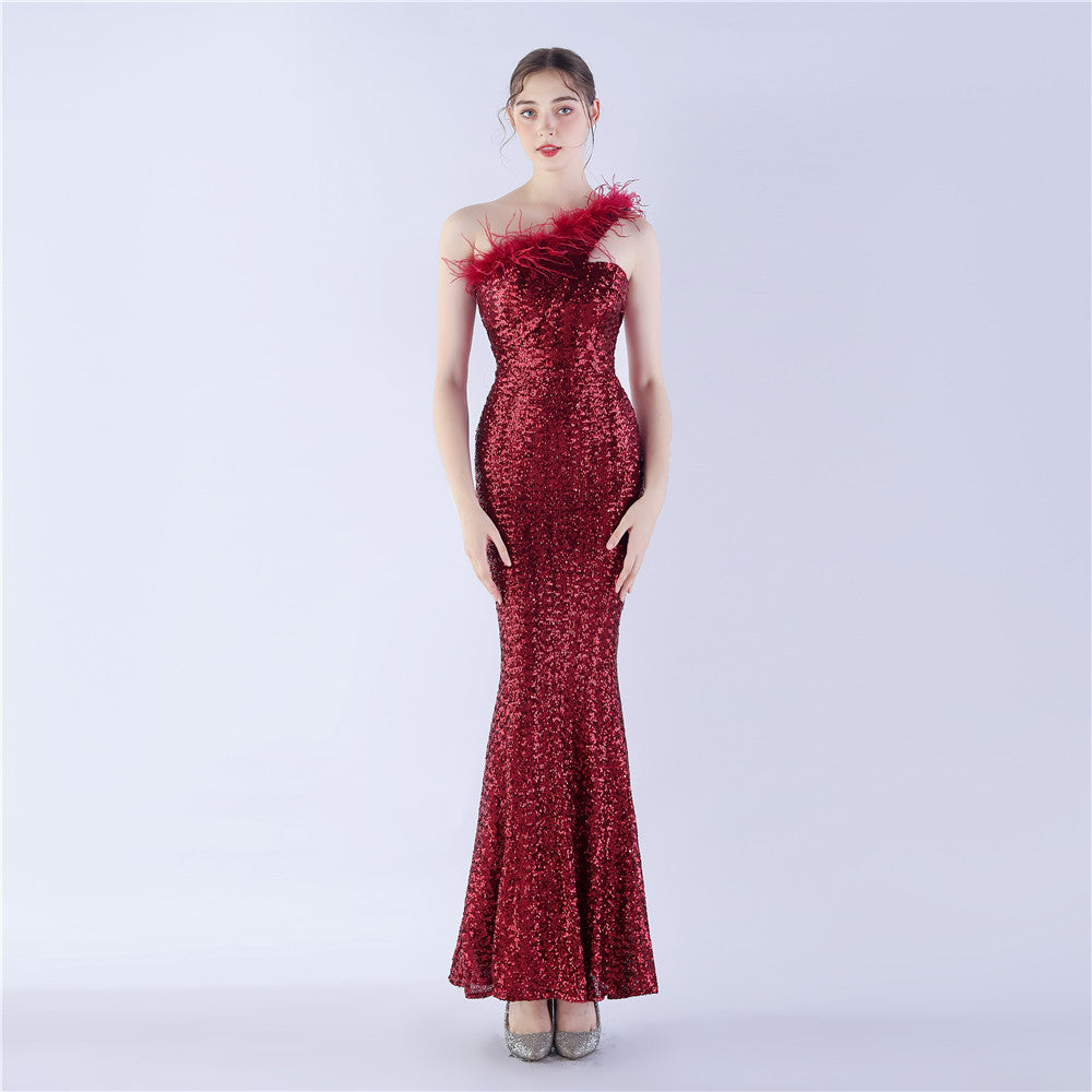 Feather One-Shoulder Slash Shoulder Sequined High-End Evening Dress 13