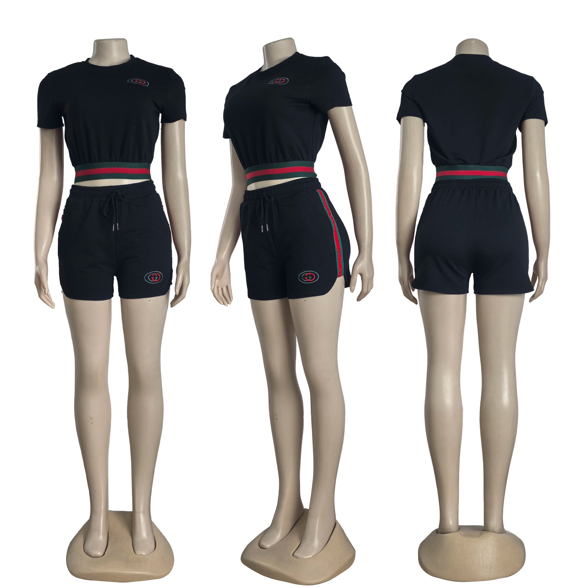 Women's Fashion Casual Cotton Trendy Embroidered Embossed Ribbon Short-Sleeved Shorts Set 12