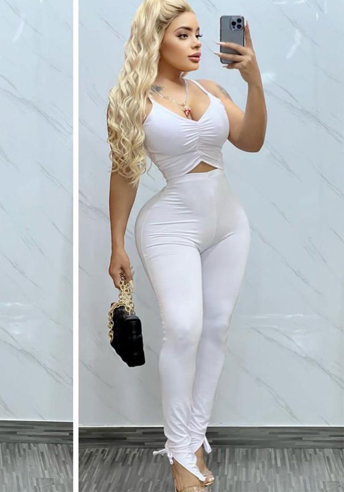 Women Suspenders Sexy Buttocks Lace-Up Crop Top and Pant Two-Piece Set