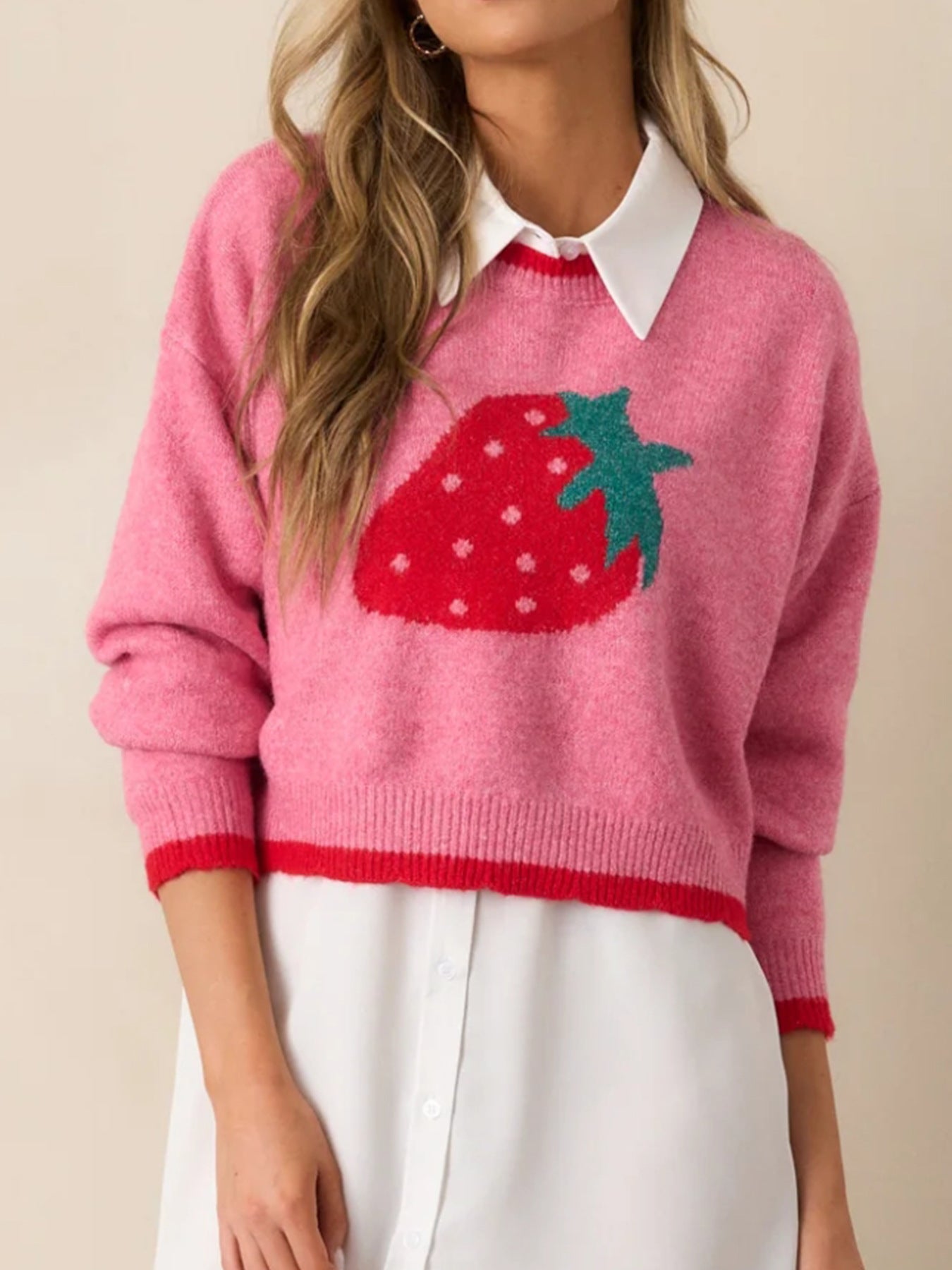Women strawberry jacquard autumn sweater Casual short long-sleeved knitting shirt Top