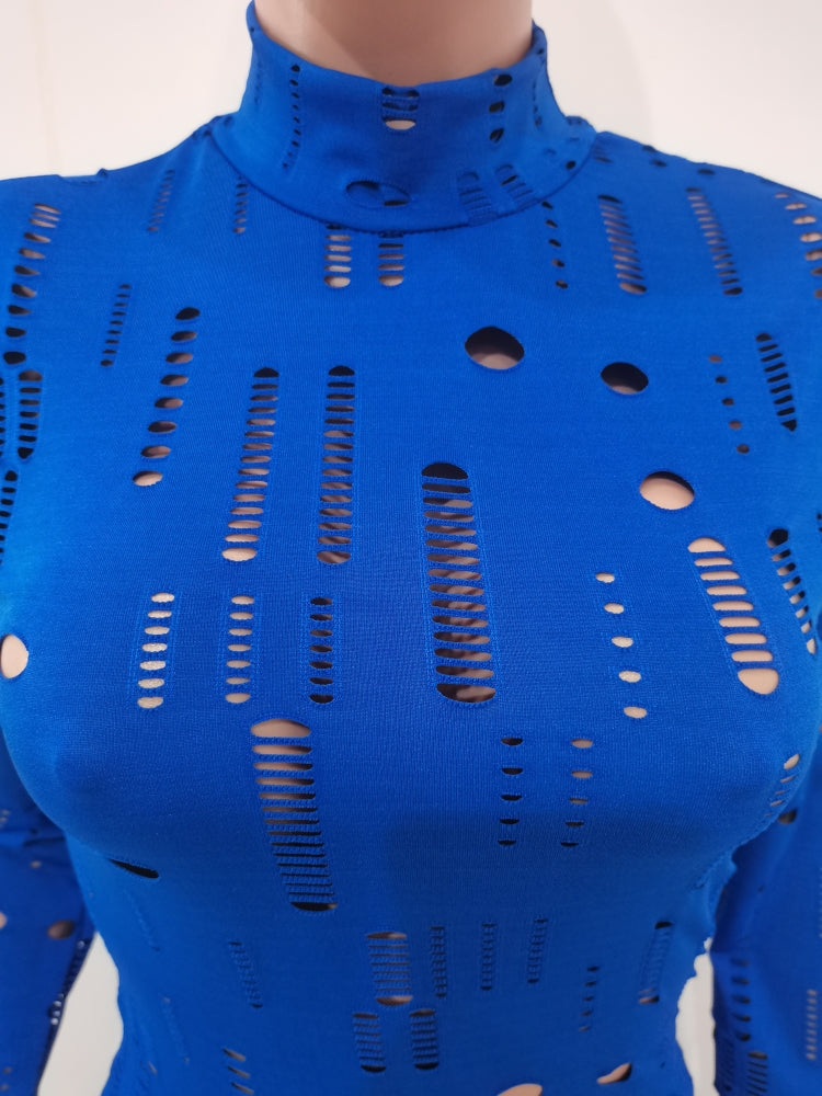 Spring Blue Sexy Hollow Out Tight Top and Pants Two Piece Set 7