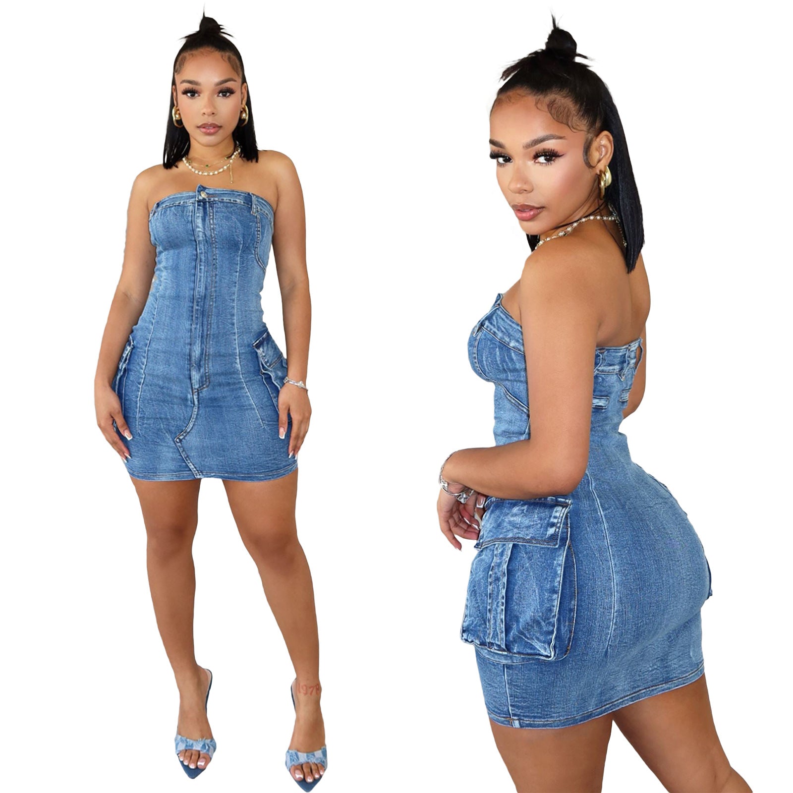 Women Sexy Strapless Washed Button Stretch Denim Dress