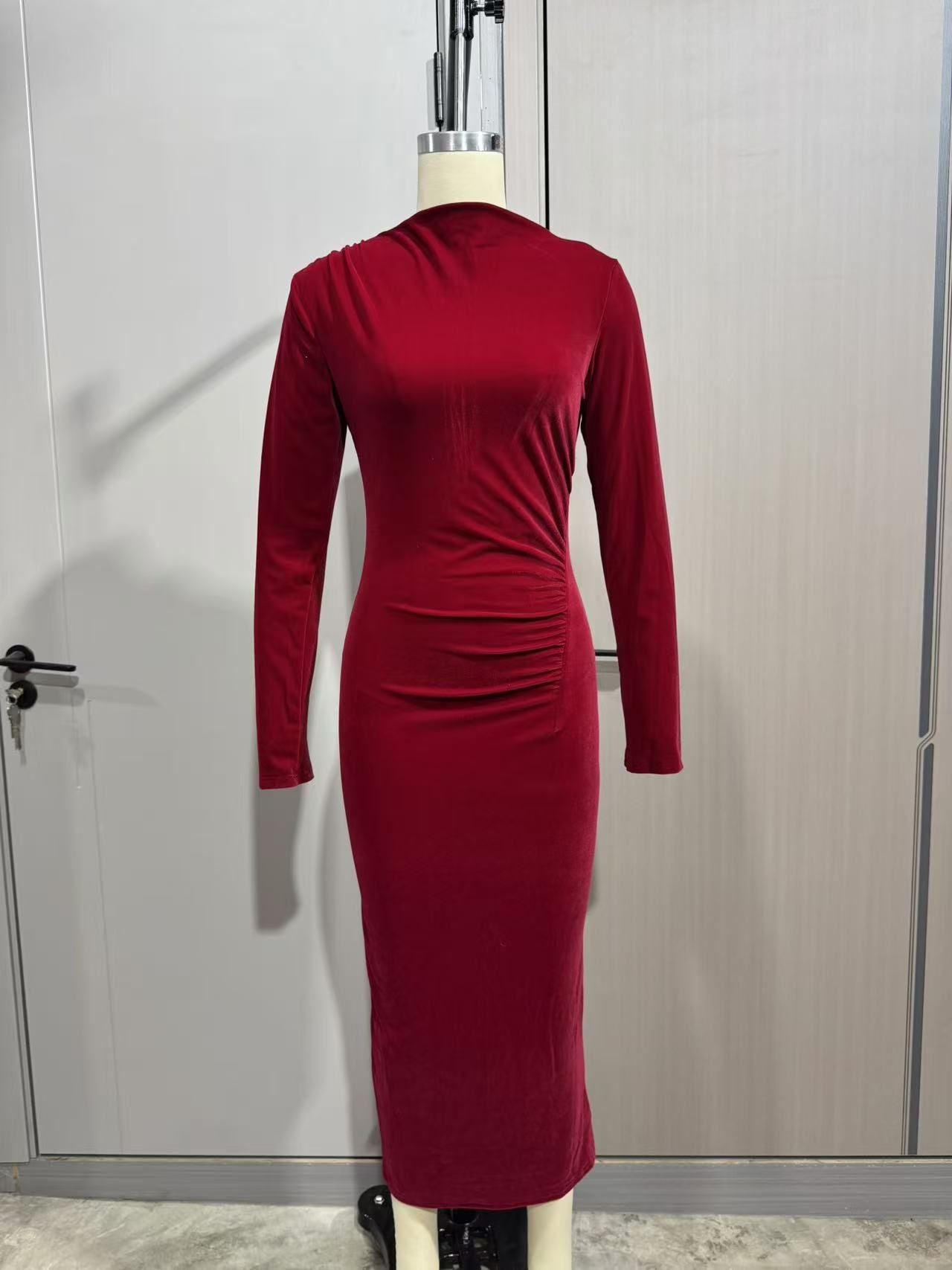 Women's Chic Solid Color Long Sleeve Slim Midi Dress 12