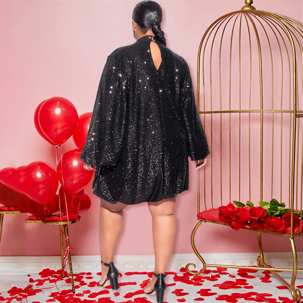 Loose Sequins Long-Sleeved Short Dress Women's Party Wear