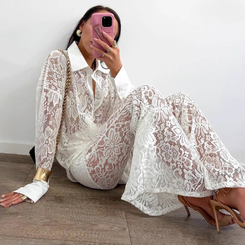 Women Hollow White Cardigan Lace Shirt and Wide-leg Pants Two-piece Set 5