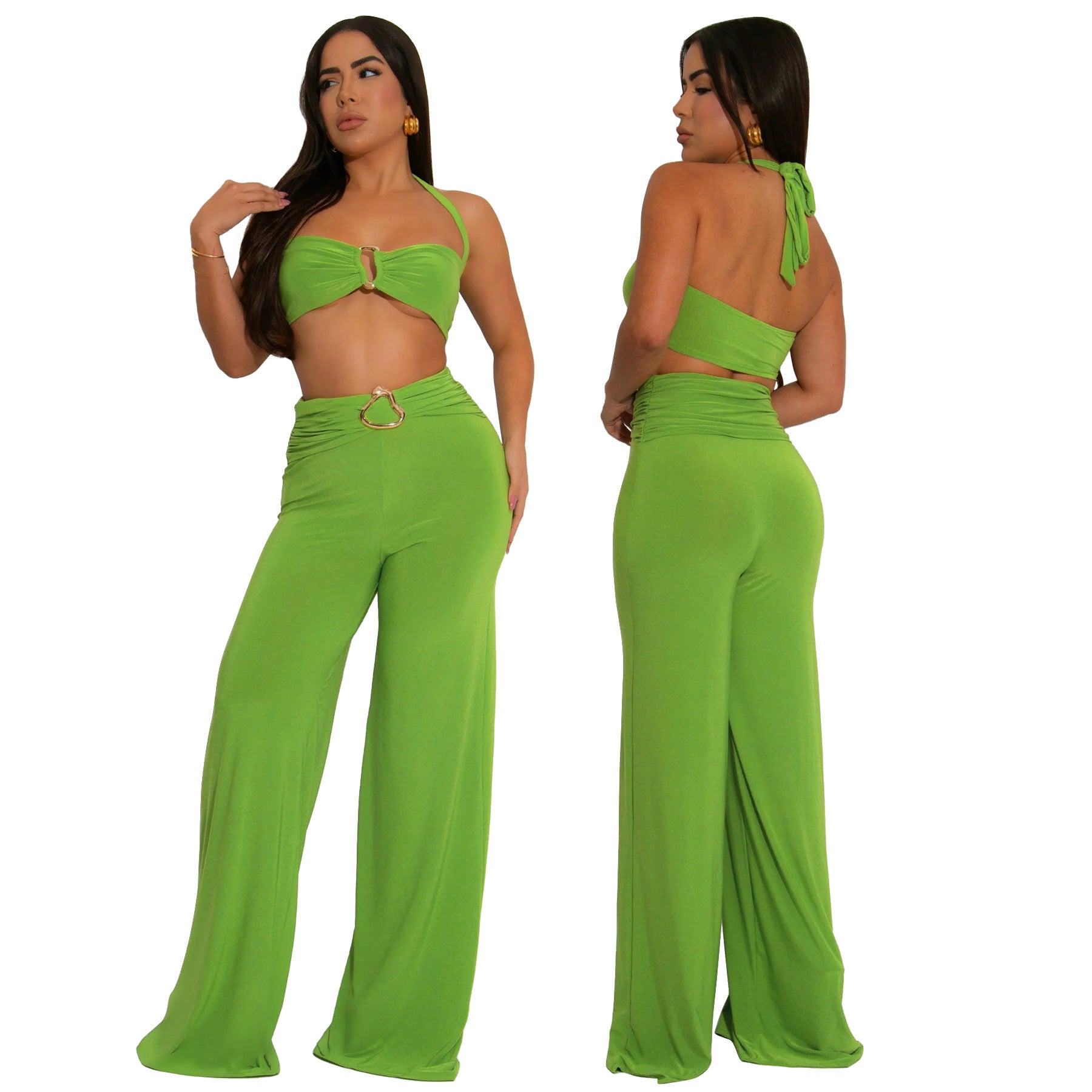 Women Summer Decorative Button Solid Sexy Halter Neck Top and Long Skirt Two-Piece Set 4
