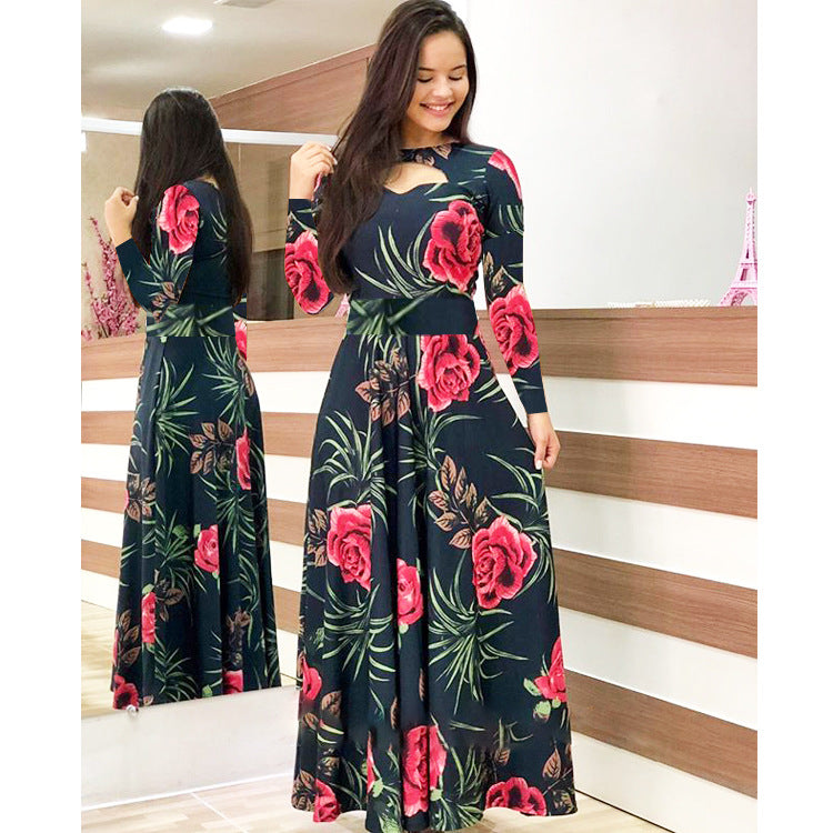 Women Sexy Fashion Floral Botanical Print Short Sleeve Maxi Dress