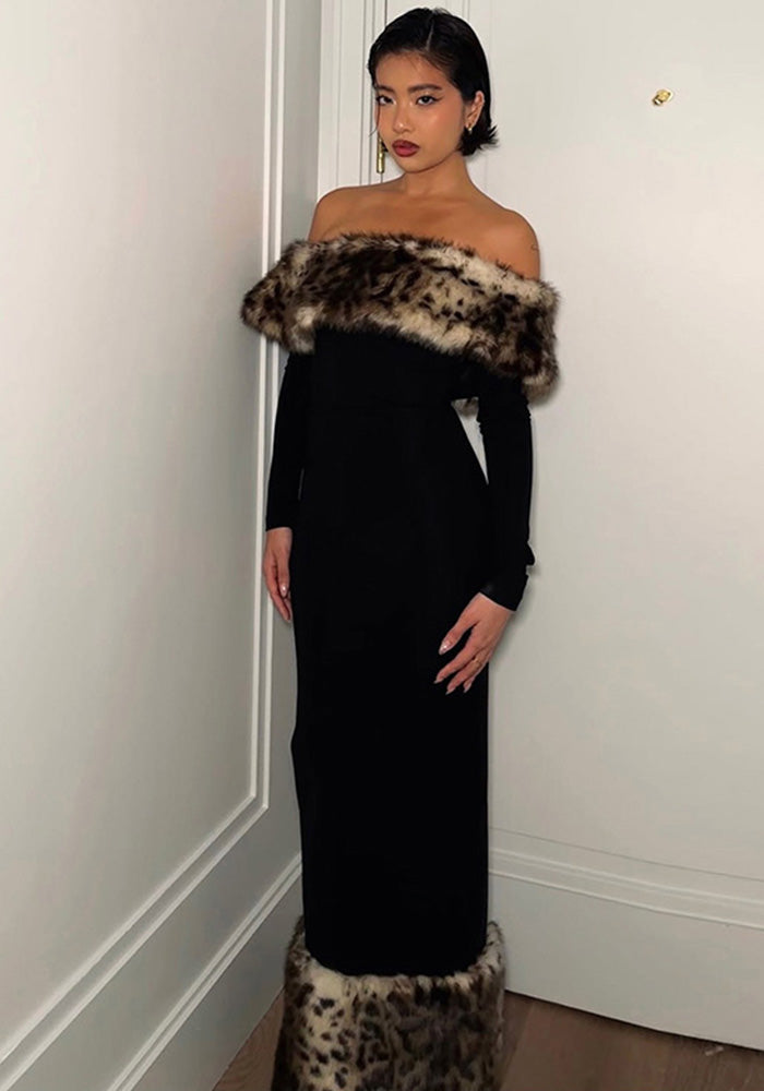 Women's Sexy Leopard Fur Patchwork Off Shoulder Long Dress