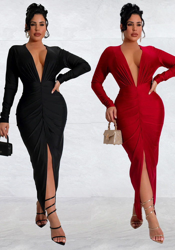 Women V-Neck Slit Solid Dress（customized,MOQ 6pcs/size/color,process time 7-10 days）