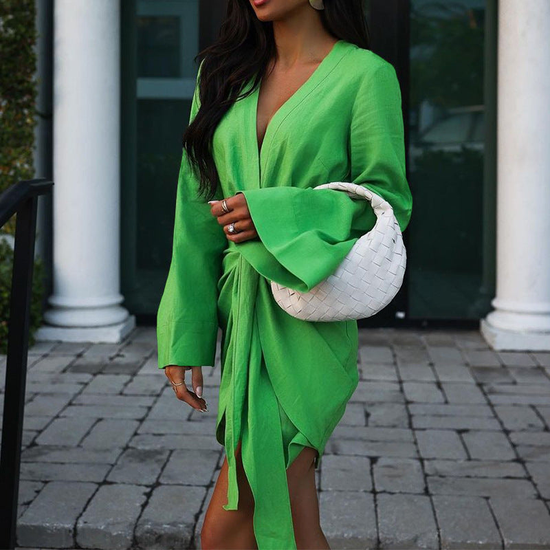 Ladies Fashion Chic Bell Bottom Sleeve V Neck Linen Dress 4